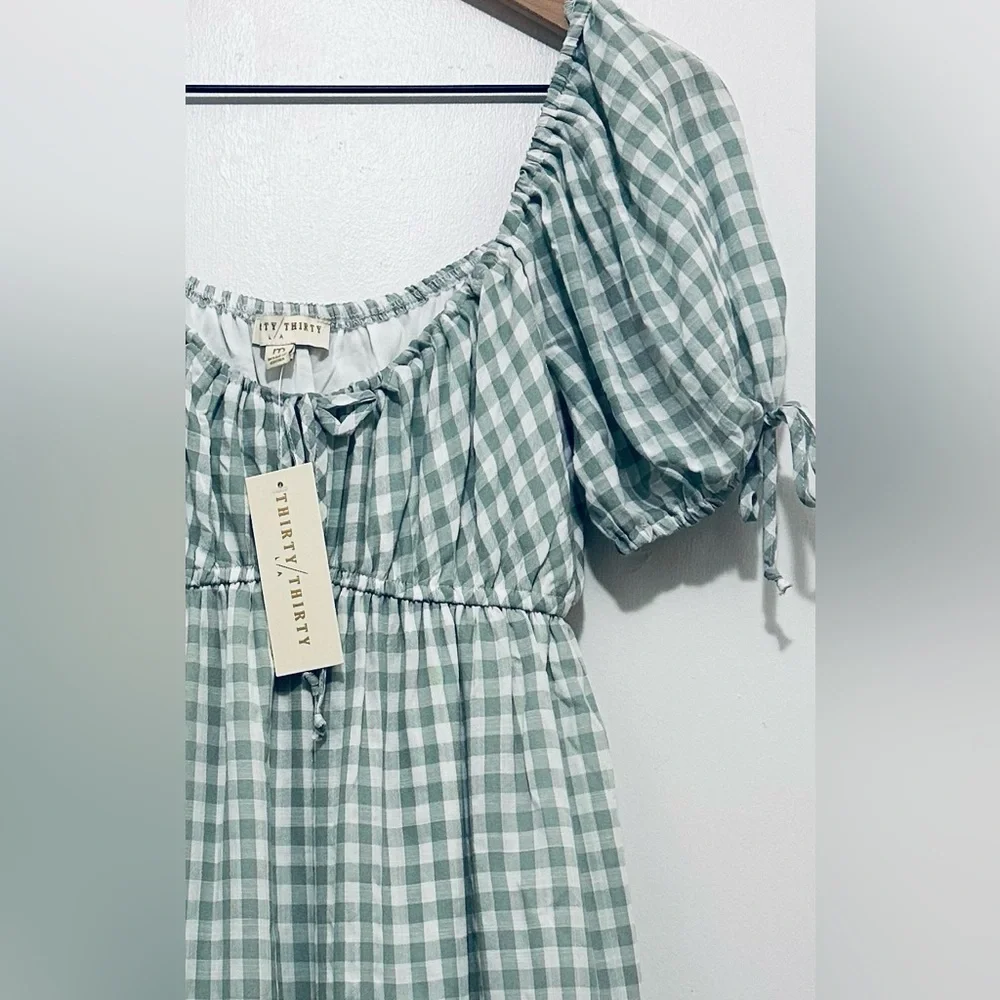 NWT Thirty/Thirty LA Green & White Gingham Dress, Babydoll Mini Dress, Medium - Picture 3 of 15